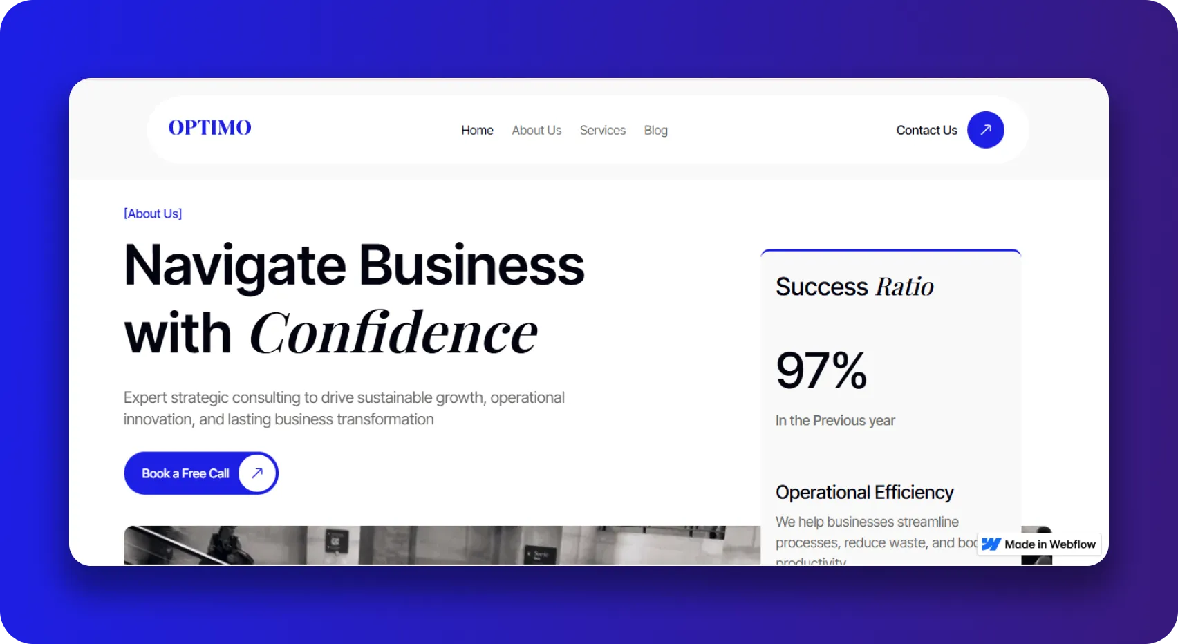 Website header for Optimo with business consulting tagline and 97% success ratio in previous year.