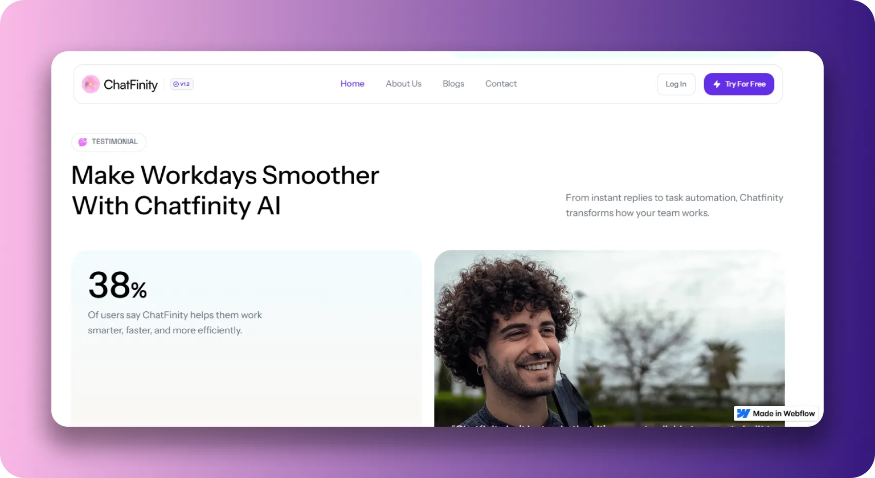 Testimonial section showing Chatfinity AI improving work efficiency by 38%, with a smiling man outdoors.