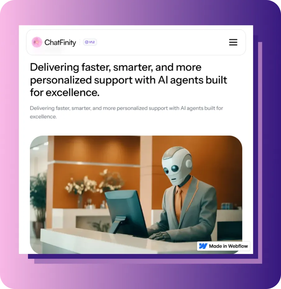 ChatFinity webpage showing a robot in a business suit working at a computer desk.