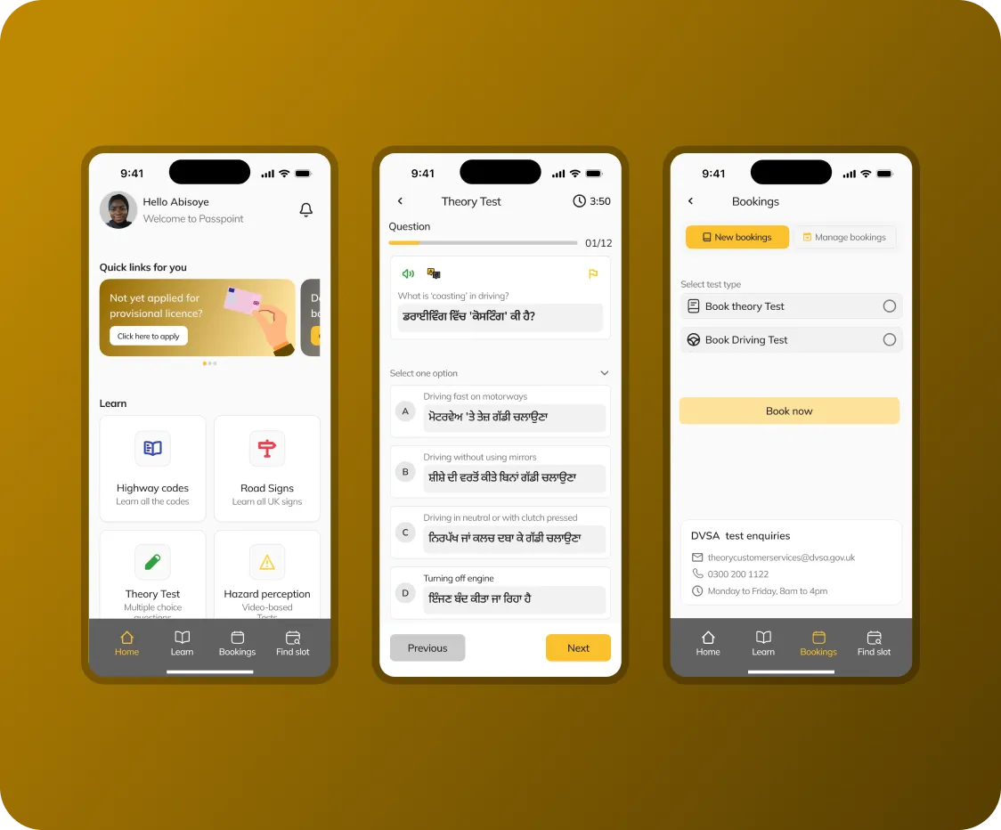 Three mobile screens showing driving theory app: home, Punjabi theory test question, and booking options.