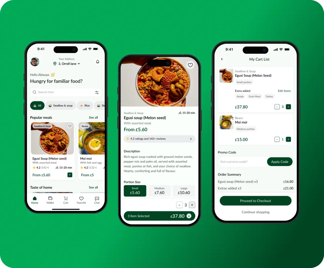 Three smartphones showing a food delivery app featuring Egusi soup with prices, ratings, and cart summary.