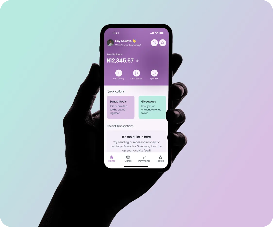 Hand holding smartphone showing a banking app with balance ₦12,345.67 and options to add, send money, or split bills.