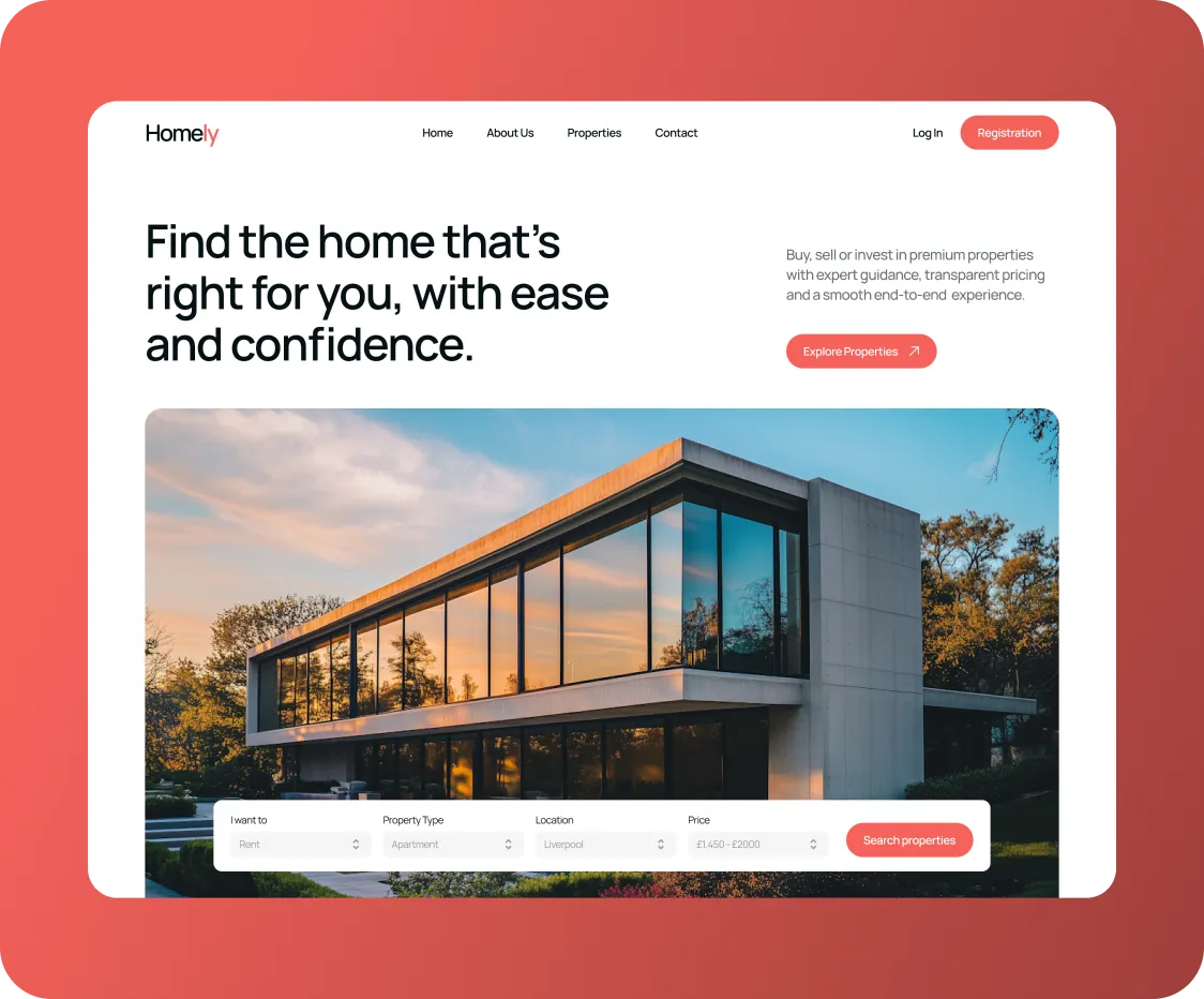 Real estate website homepage with modern house image and search filters for rent, apartment, Liverpool.