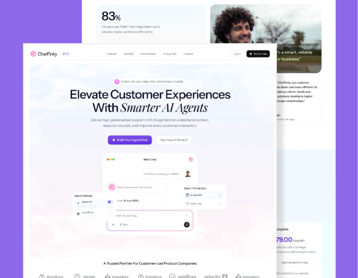 ChatFinity website homepage showing AI agent features to elevate customer experiences with personalized support.