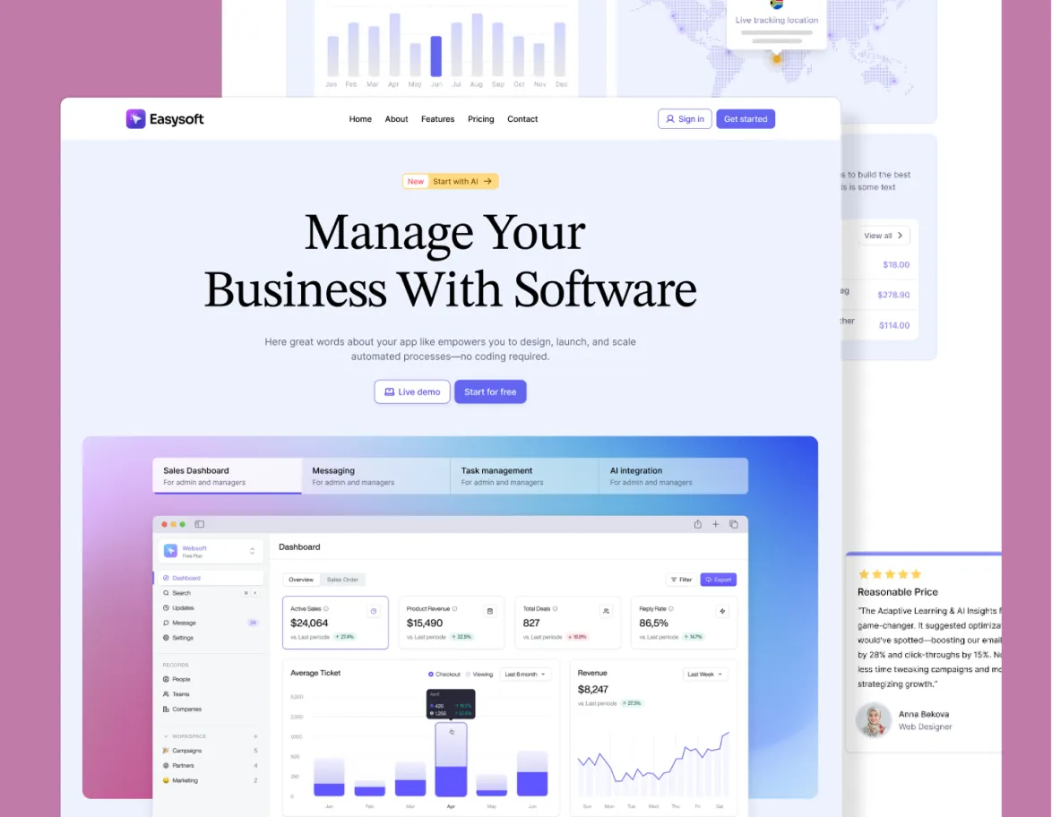 Easysoft software homepage showing business dashboard, sales, messaging, task, and AI integration features.