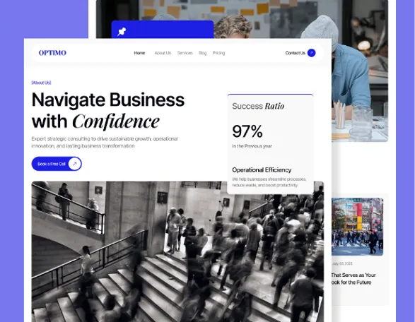 Website page showing business consulting with 97% success ratio and blurred crowd on stairs.