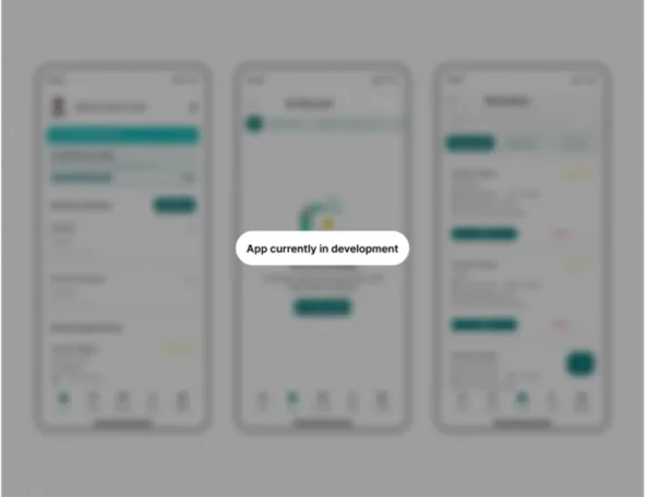 Three smartphone screens blurred with a center label saying app currently in development.