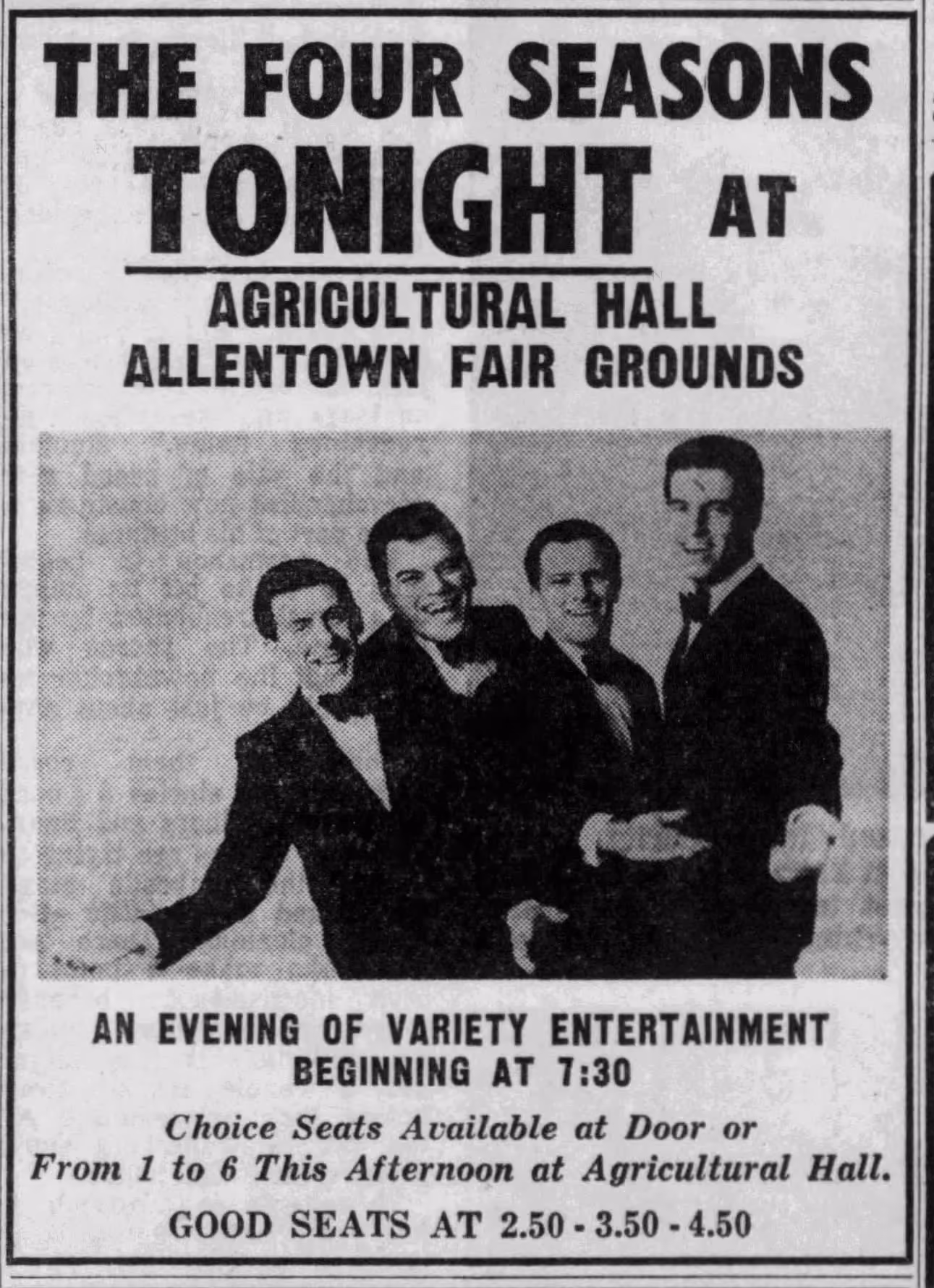 Concert poster for The Four Seasons at Allentown Fair Grounds
