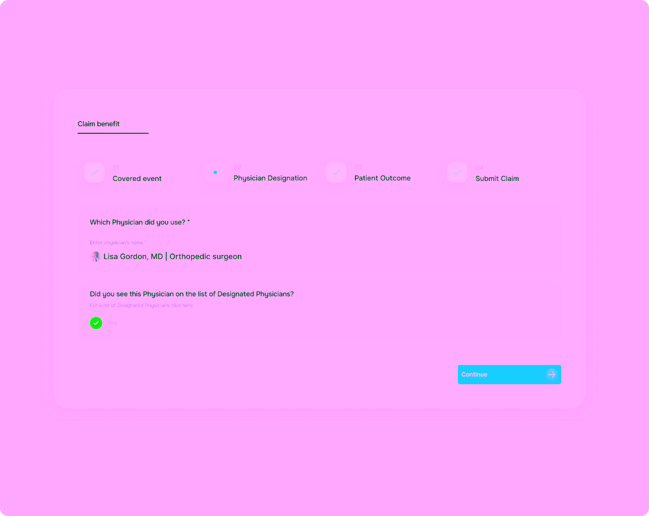Claim form screen with physician designation step showing Dr. Lisa Gordon, orthopedic surgeon, selected.