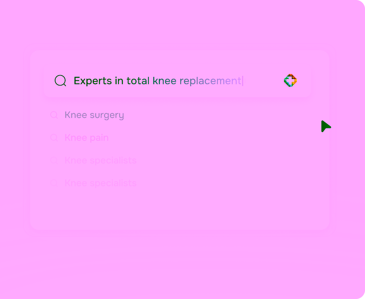 Search bar showing typed query 'Experts in total knee replacement' with related knee search suggestions.