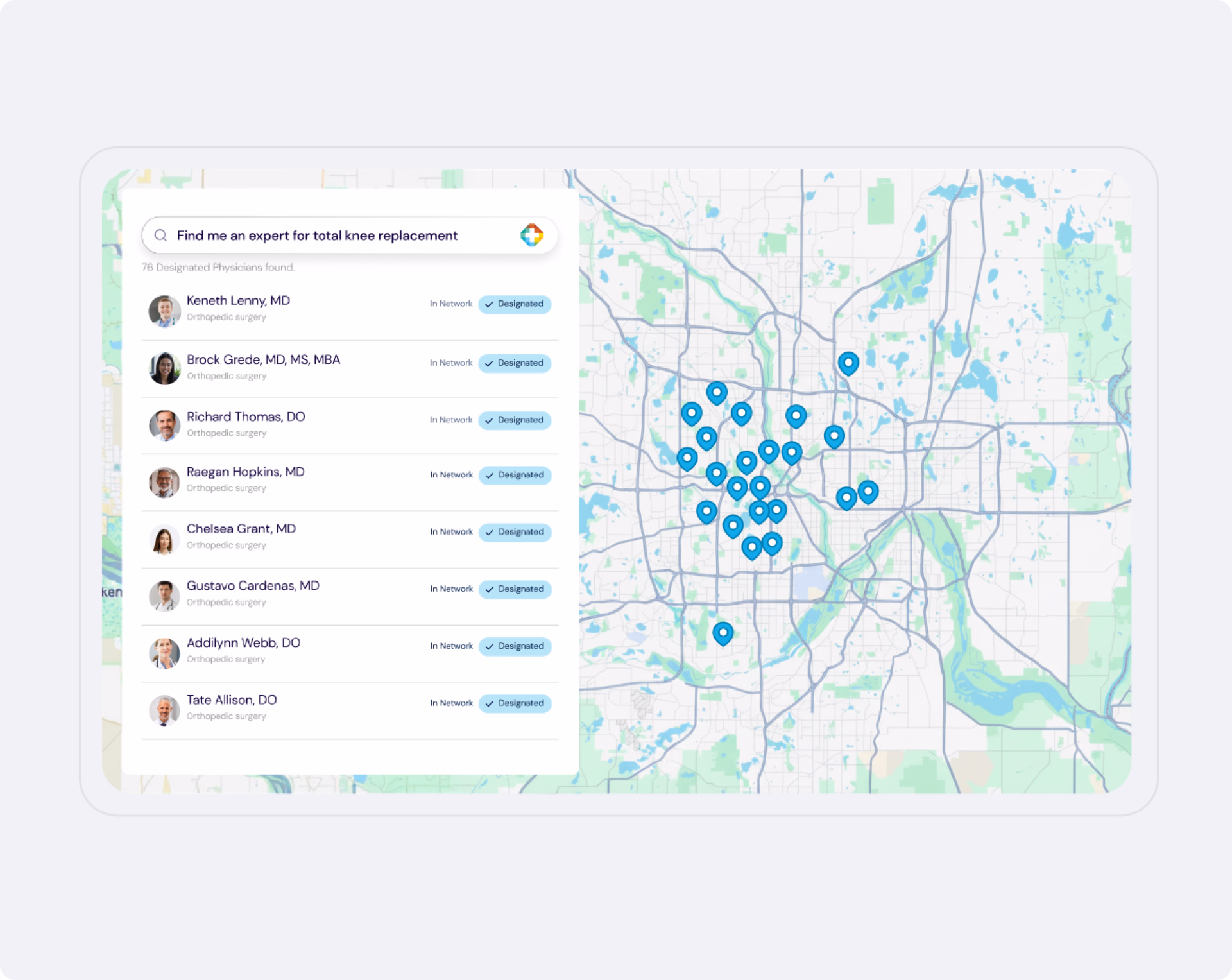 Search results for knee replacement experts show doctors listed with a map of location pins.