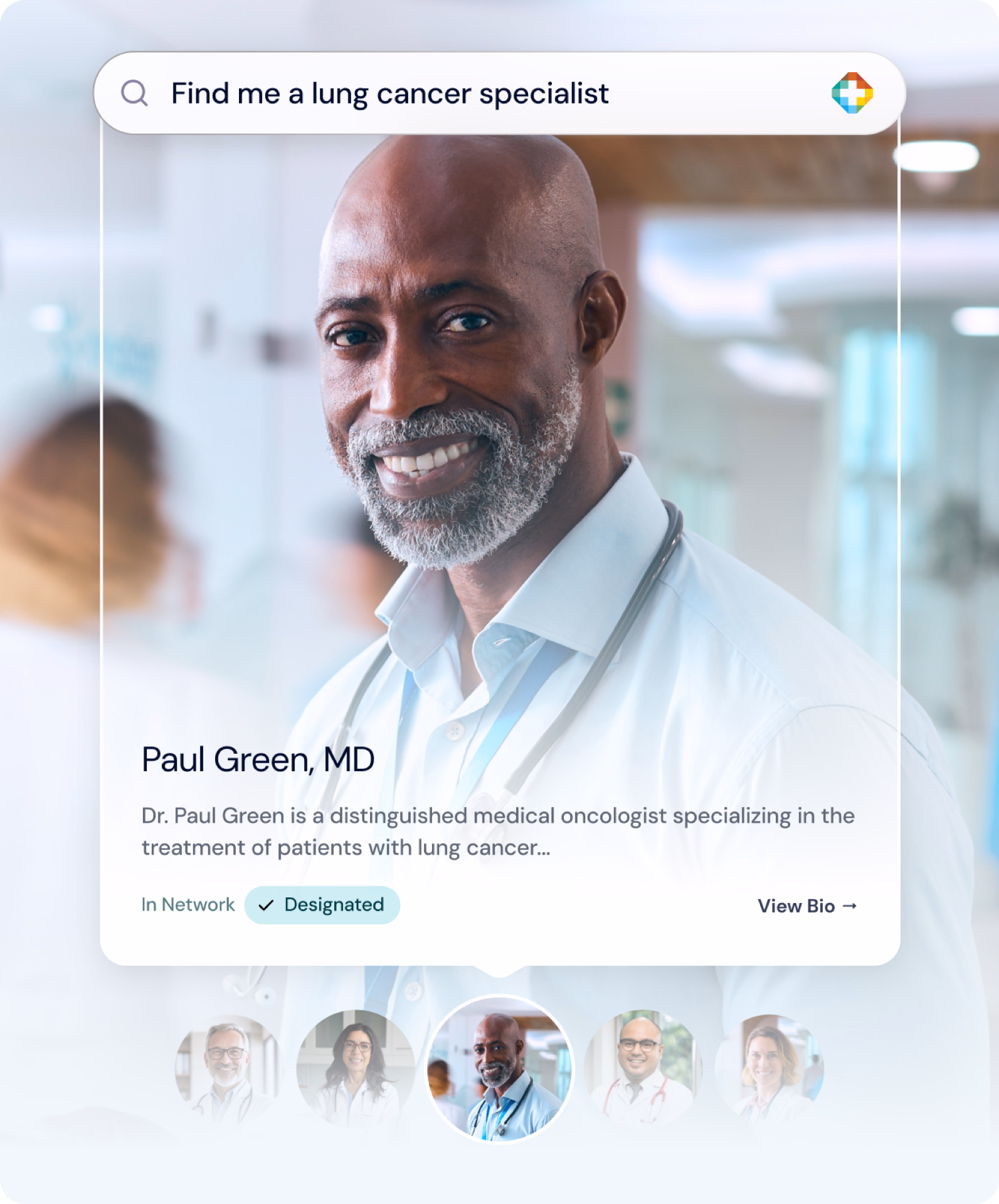 Portrait of Dr. Paul Green, a smiling medical oncologist for lung cancer patients, shown in a search profile.