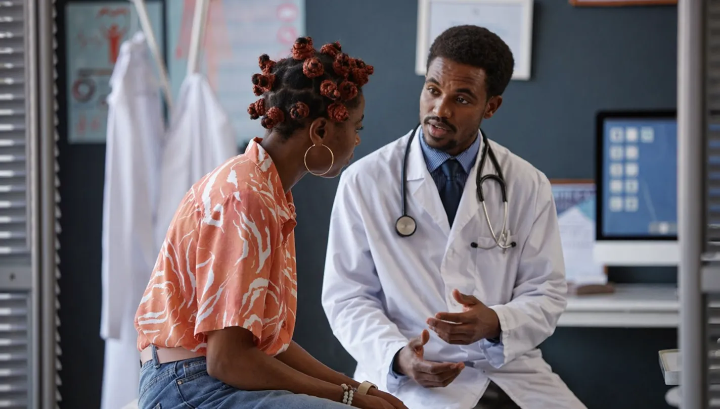 A doctor in a white coat speaks with a seated patient during a consultation in an exam room.