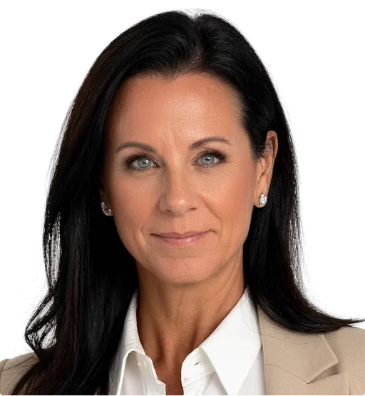 Professional portrait of a woman with long dark hair wearing a white shirt and beige blazer.