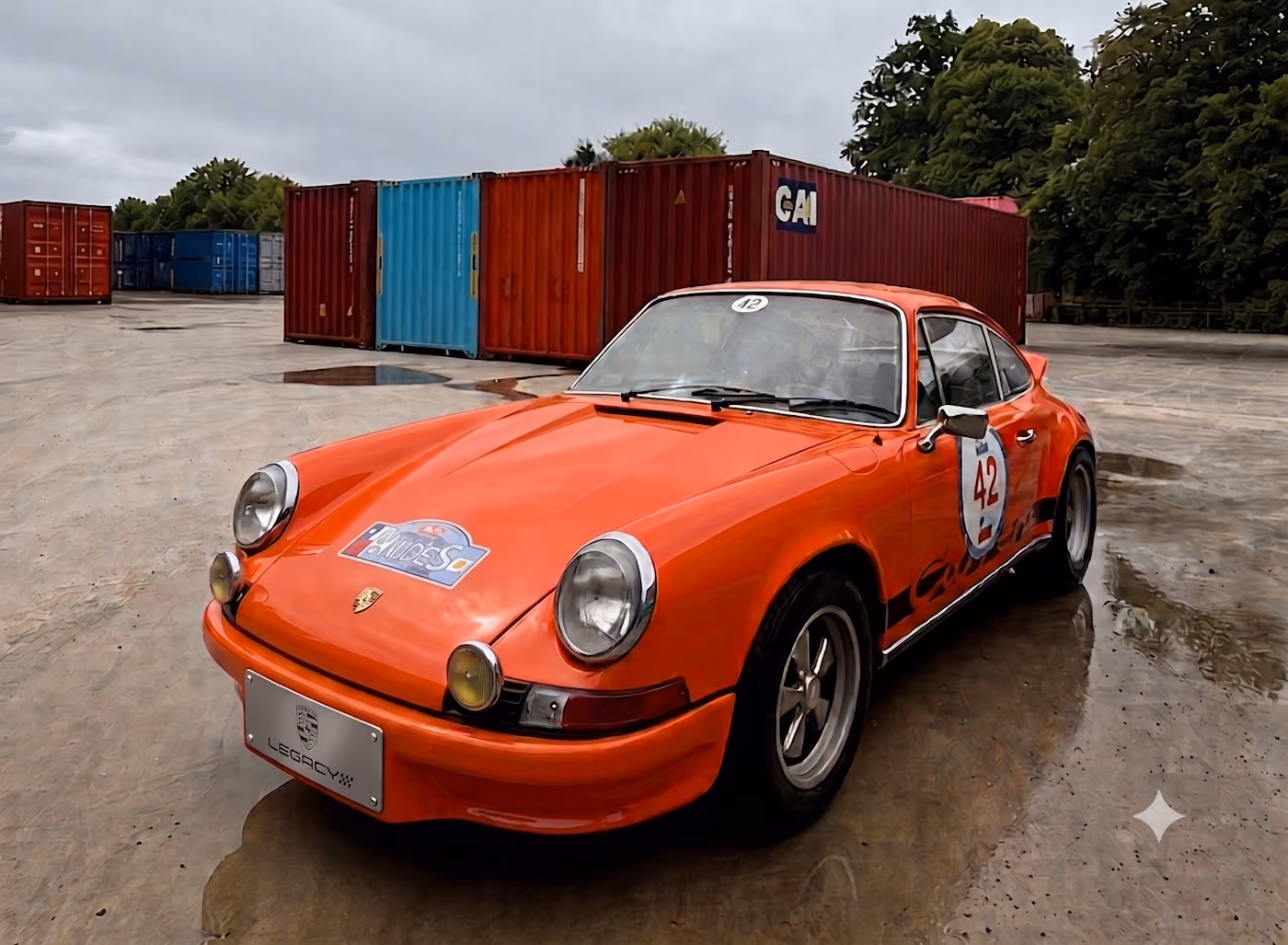 Porsche 911 de collection sur un terminal portuaire devant des conteneurs maritimes, contexte d'importation