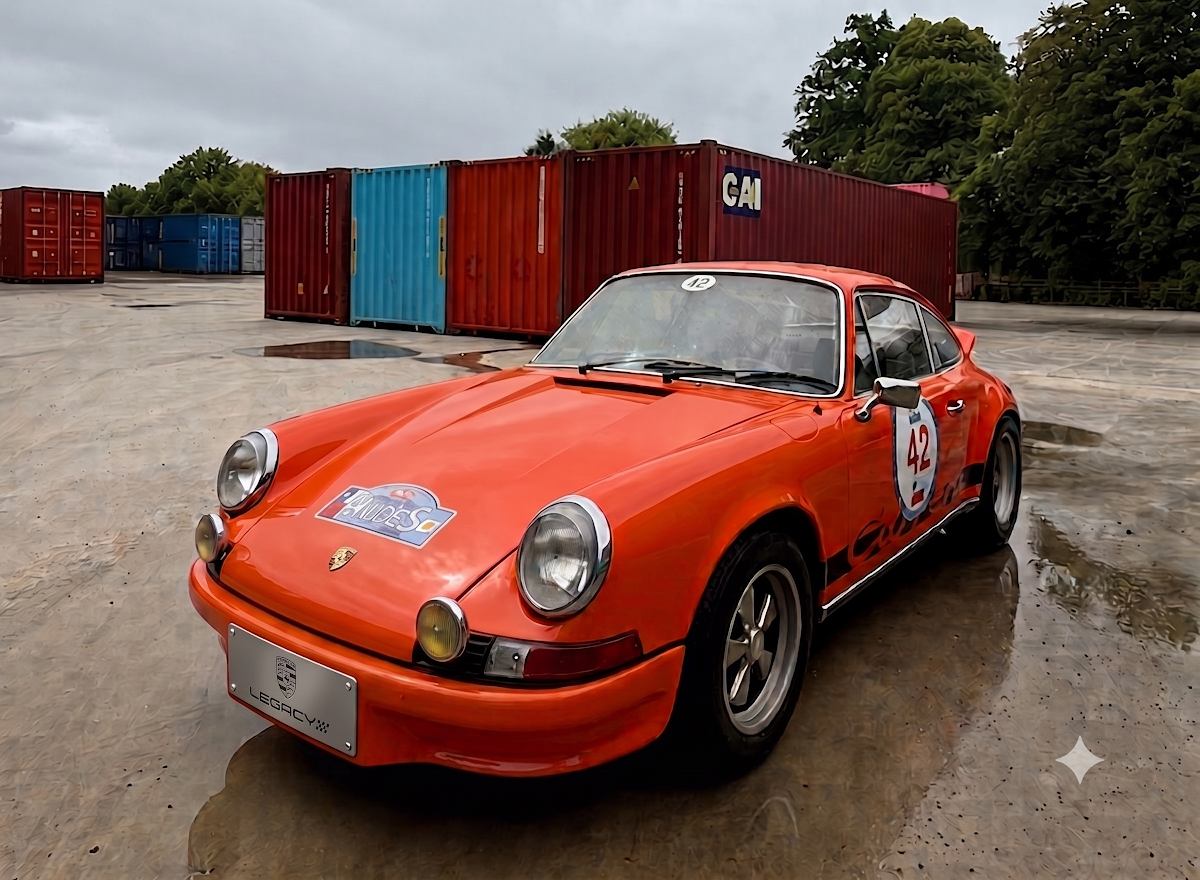 Porsche 911 de collection sur un terminal portuaire devant des conteneurs maritimes