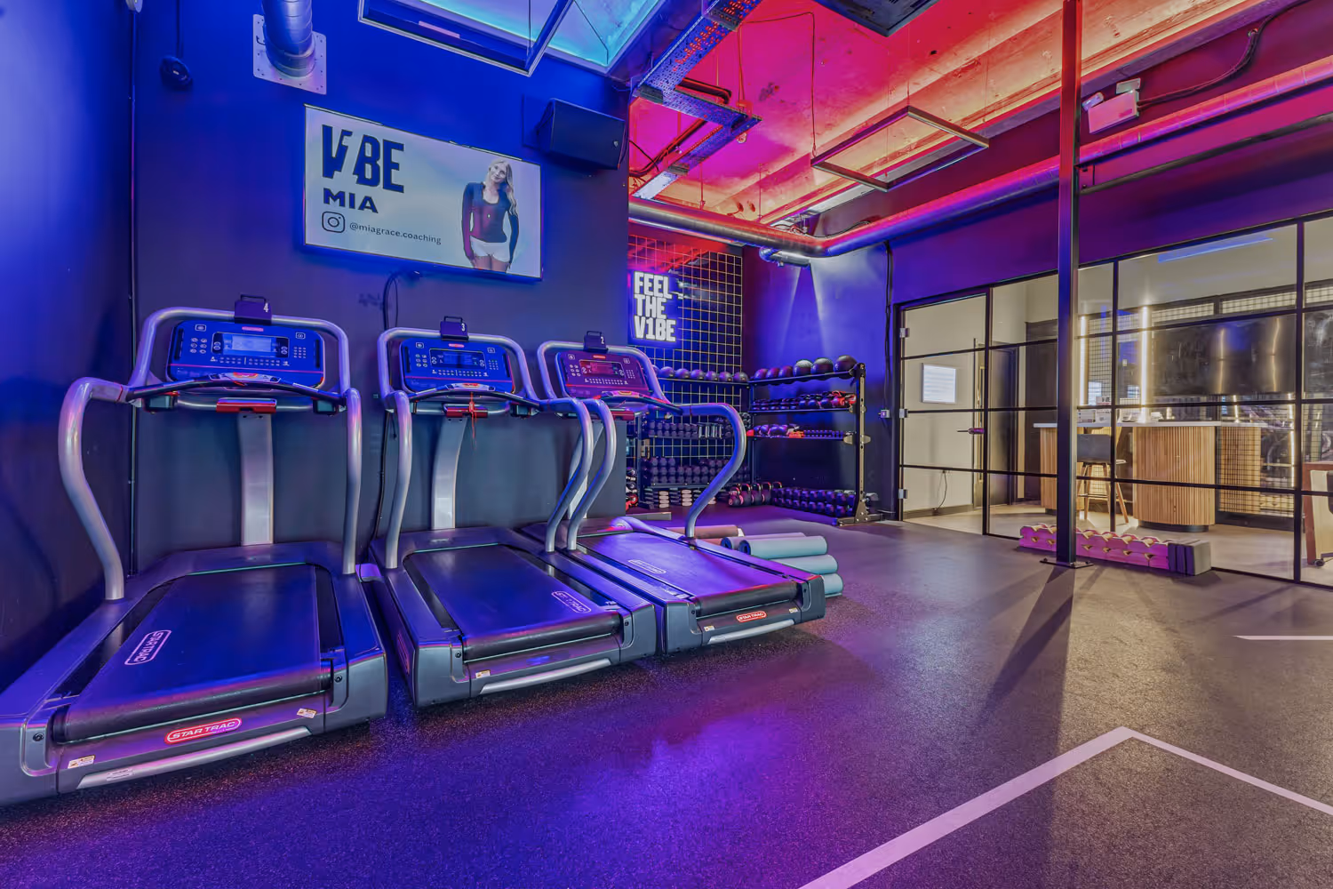 Modern gym with three treadmills, dumbbells, mats, and neon sign reading 'FEEL THE VIBE'.