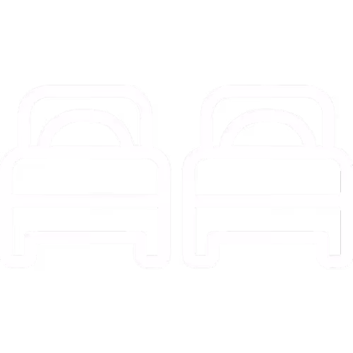 Icon of two side-by-side double beds with pillows in white outline on black background.