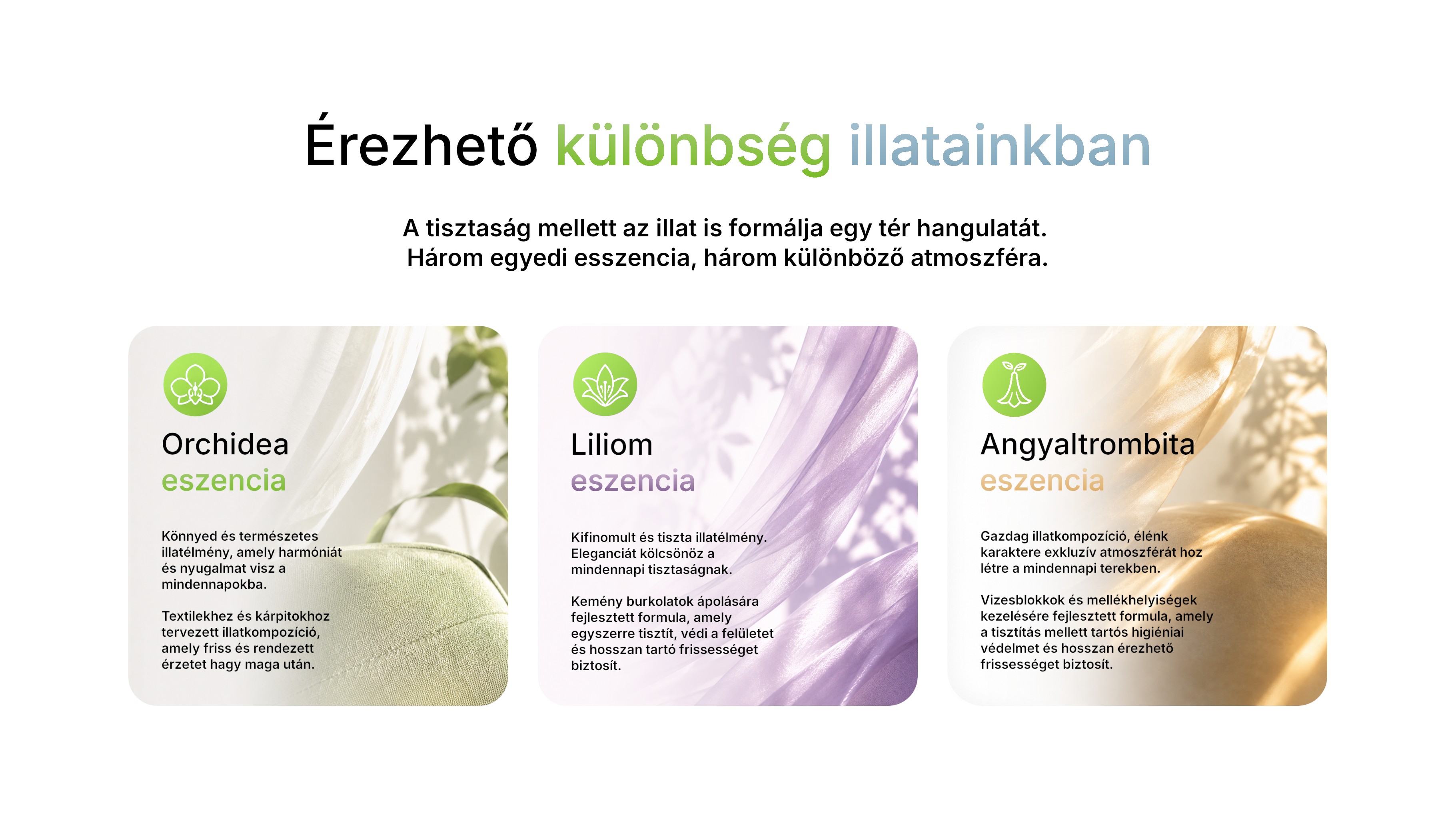 orchidea, liliom és angyaltrombita esszenciák a tisztább térélményért.
