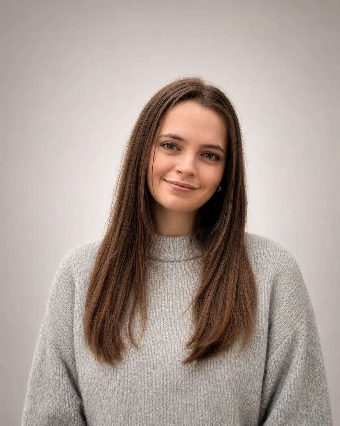 Daizee wearing a grey sweater, smiling gently, neutral background.