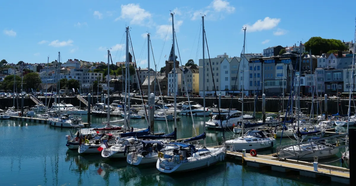 St Peter Port harbour with the high street in the background