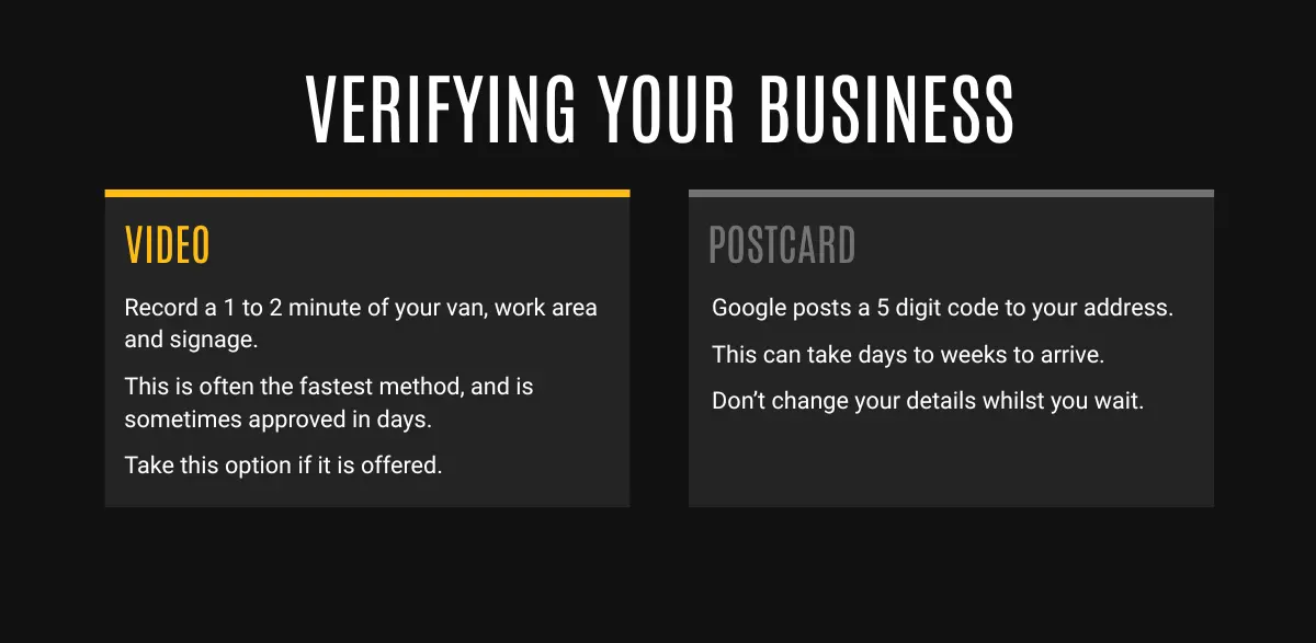 Verifying your business: video verification is often fastest, a postcard can take weeks to the island