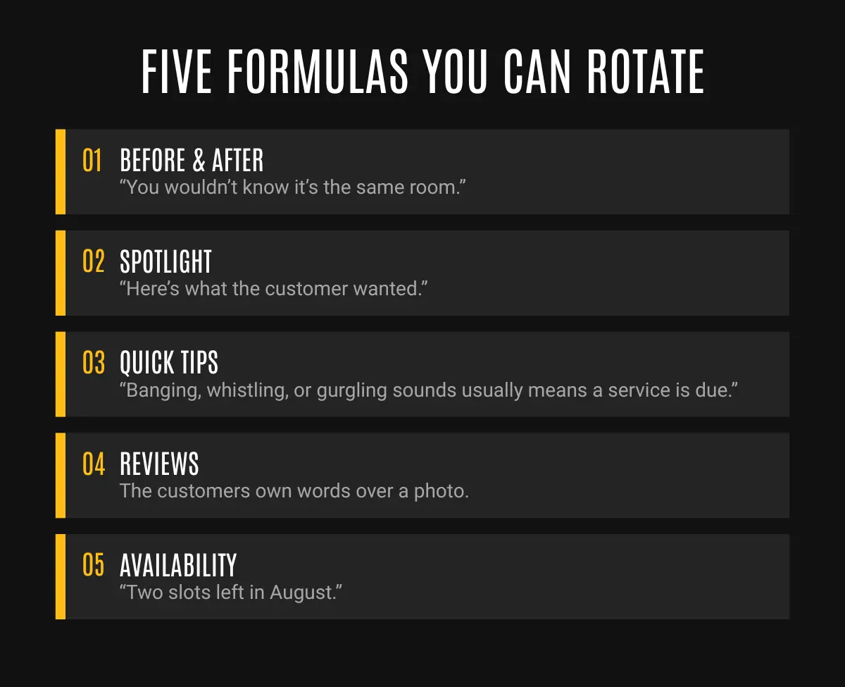 Five post formulas to rotate: before and after, spotlight, honest tip, the review, availability