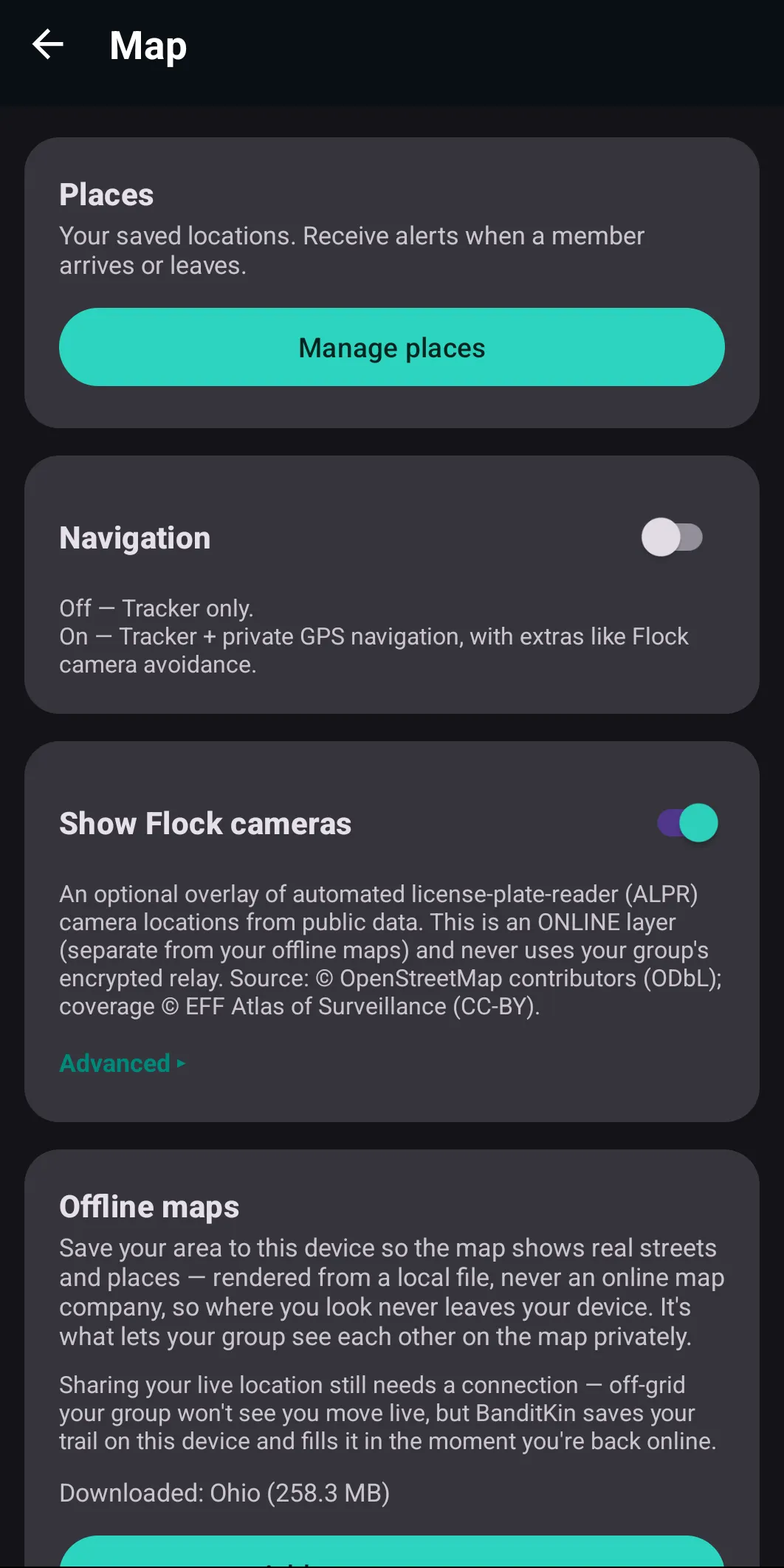 BanditKin map settings with a Show Flock cameras toggle, private navigation option, and offline maps