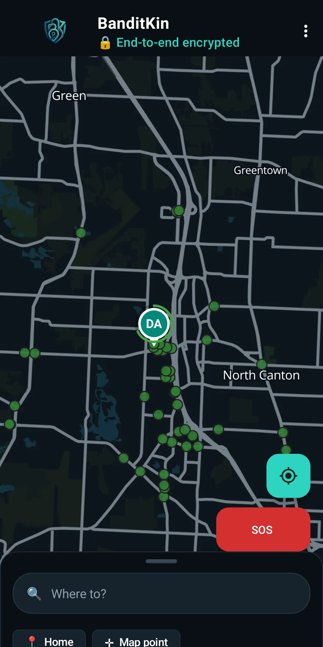 BanditKin private navigation map with an optional Flock ALPR camera overlay and a live group member
