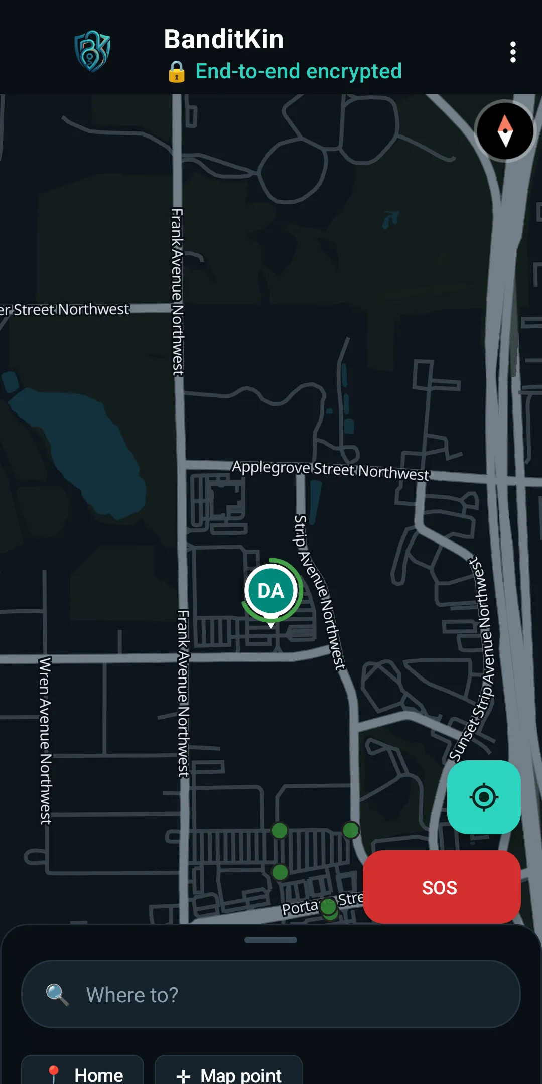 BanditKin private navigation showing real labeled streets rendered from an on-device map