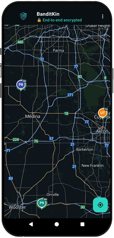 BanditKin end-to-end encrypted live map with three circle members' pins sharing location across Northeast Ohio (demo data)