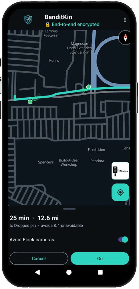 BanditKin route preview reporting honestly: avoids 8 cameras, 1 unavoidable — with Avoid Flock cameras turned on