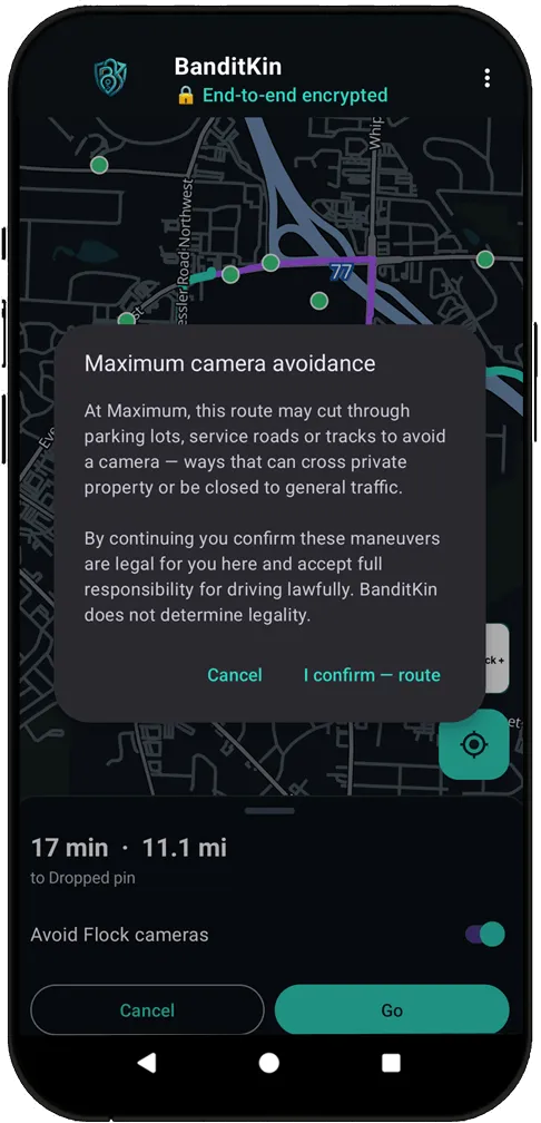 BanditKin Maximum camera avoidance dialog: the route may use parking lots or service roads, and the driver must confirm the maneuvers are legal before routing