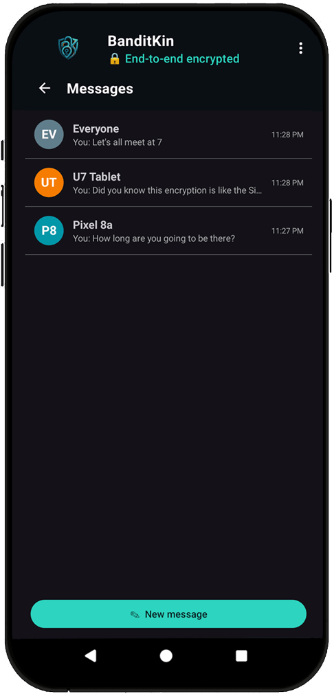 BanditKin Messages screen with encrypted group and member threads — texts and voice notes stay end-to-end encrypted within your circle