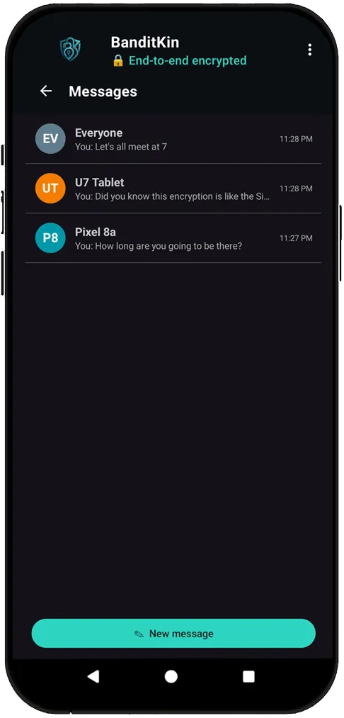 BanditKin Messages screen with encrypted group and member threads — texts and voice notes stay end-to-end encrypted within your circle