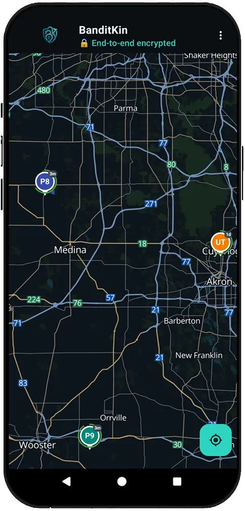 BanditKin end-to-end encrypted live map with three circle members' pins sharing location across Northeast Ohio (demo data)