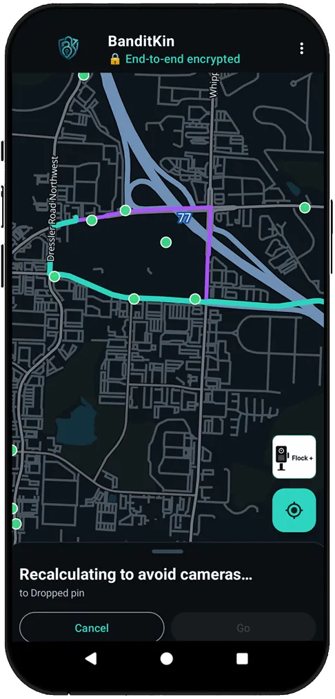 BanditKin recalculating to avoid cameras — drawing a new route around mapped ALPR camera locations