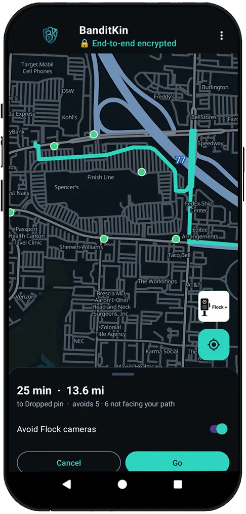 BanditKin field-of-view-aware avoidance: route preview showing avoids 5, 6 not facing your path — only cameras whose view crosses the route trigger a detour
