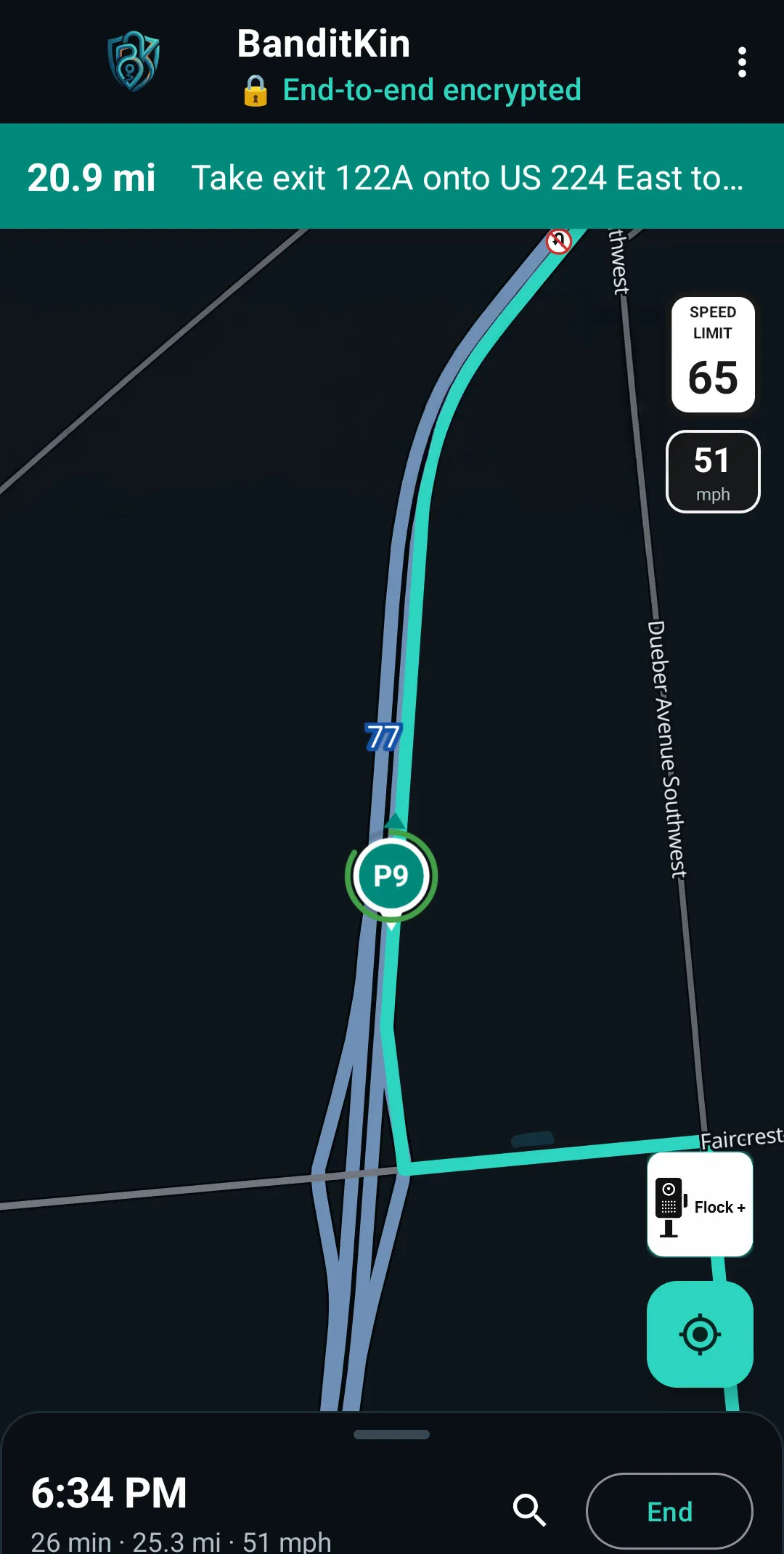BanditKin turn-by-turn navigation on a highway showing a 65 mph speed-limit sign, current 51 mph, live directions, and a no-U-turn crossover marker