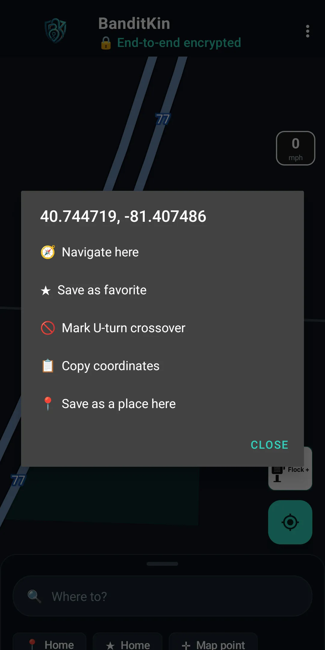 BanditKin long-press map menu with Mark U-turn crossover to add and crowd-verify crossovers