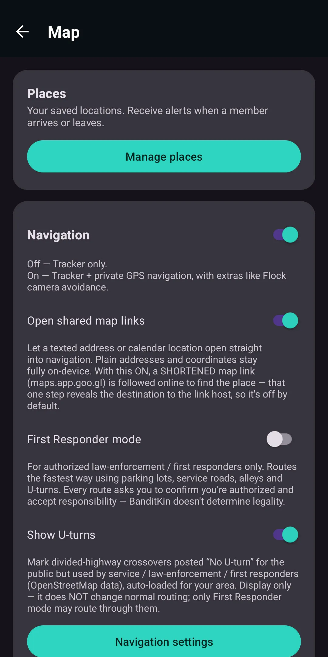 BanditKin First Responder mode and Show U-turns settings for routing through divided-highway crossovers