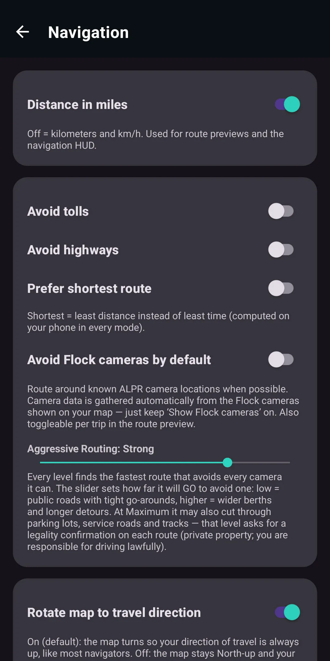 BanditKin Avoid Flock cameras setting with the Aggressive Routing strength slider for camera-avoidance detours