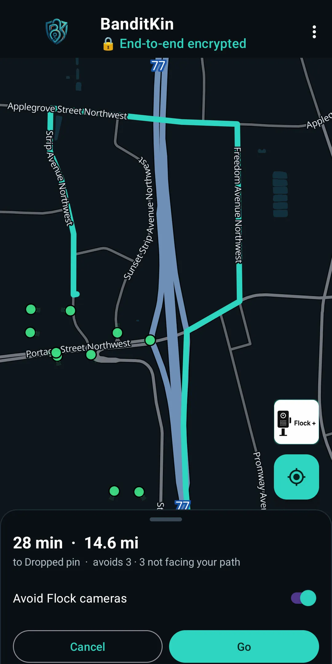 BanditKin routing around Flock ALPR cameras with Avoid Flock cameras on — the route detours past cameras facing the path