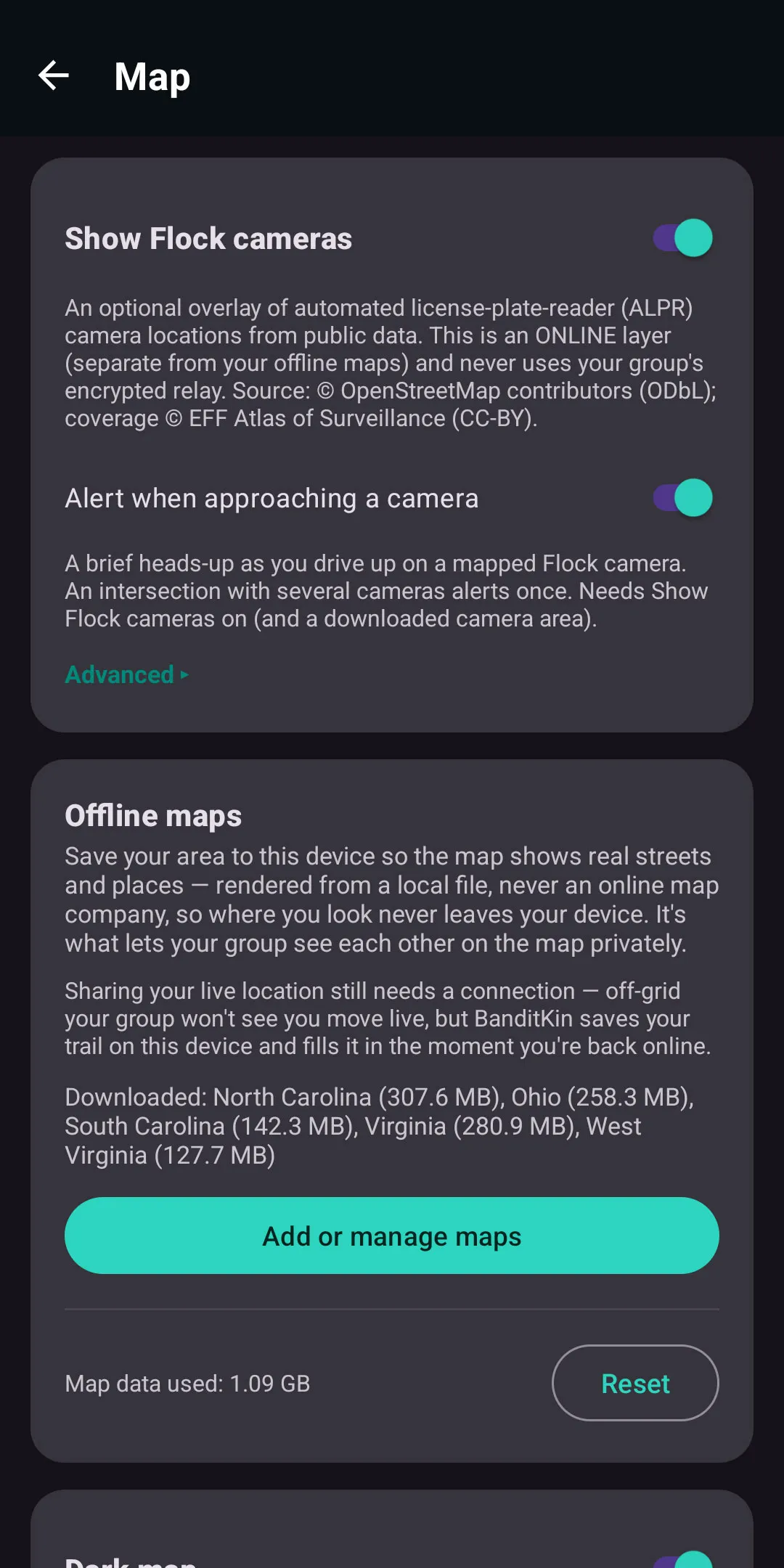 BanditKin settings for the Flock camera overlay, approach alerts, and offline map downloads