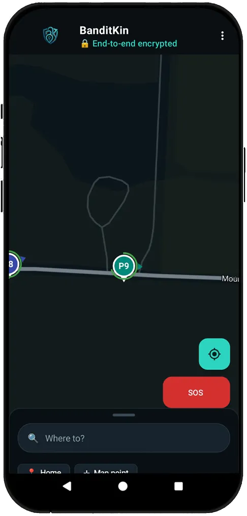 BanditKin end-to-end encrypted live map with two circle members sharing location, an SOS button, and a Where-to search bar
