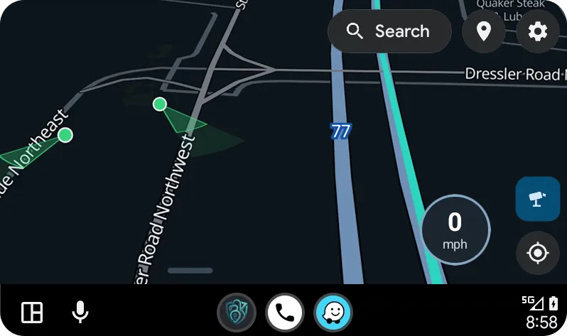 BanditKin on an Android Auto car screen — full map, search, and turn-by-turn navigation, with the same privacy modes as the phone