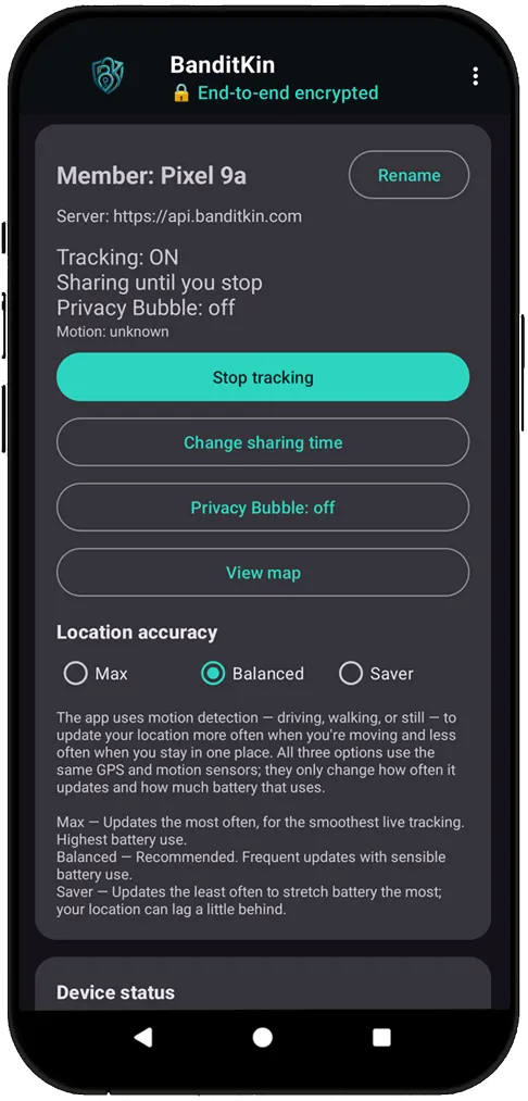 BanditKin member settings — end-to-end encrypted tracking controls, sharing timer, Privacy Bubble, and Max/Balanced/Saver location-accuracy options