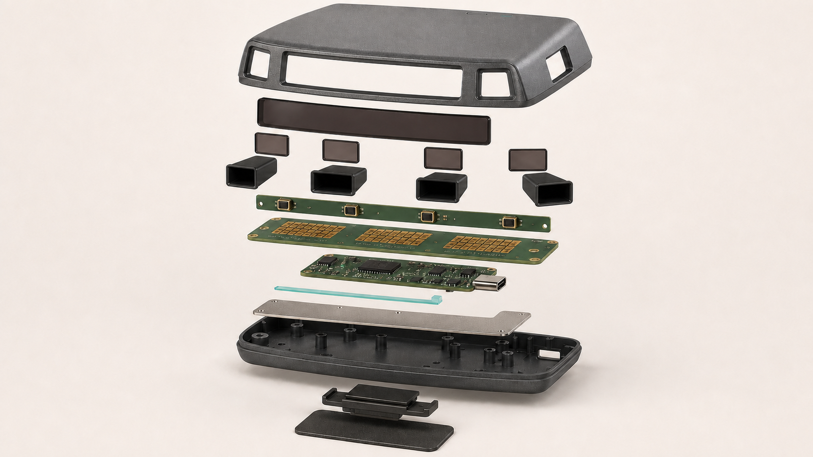 Exploded render of the advanced receive-only architecture: molded shell, four optical windows and baffles, four-channel optical board, three-array receiver board, USB processor, heat spreader, lower shell, and windshield mount.