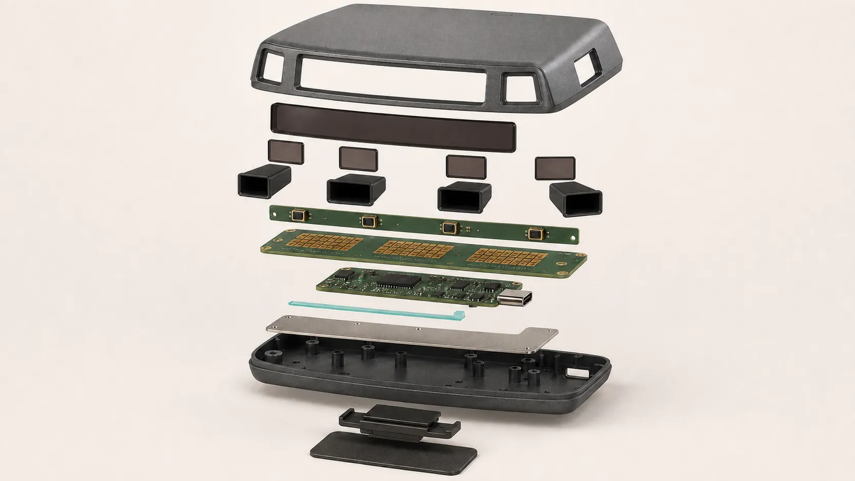 Exploded render of the advanced receive-only architecture: molded shell, four optical windows and baffles, four-channel optical board, three-array receiver board, USB processor, heat spreader, lower shell, and windshield mount.