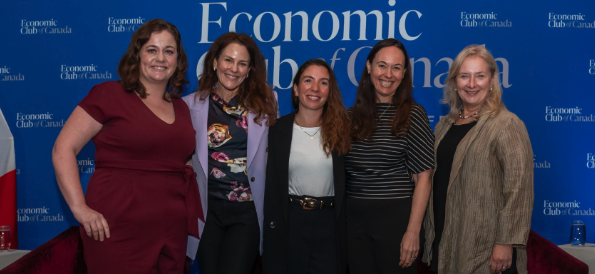Dr. Ariel Dalfen of BRIA with panelists Kristy Kirkup, Amii Stephenson, Dr. Simone Vigod, and Sarah Downey at the Economic Club of Canada panel on women's mental health.